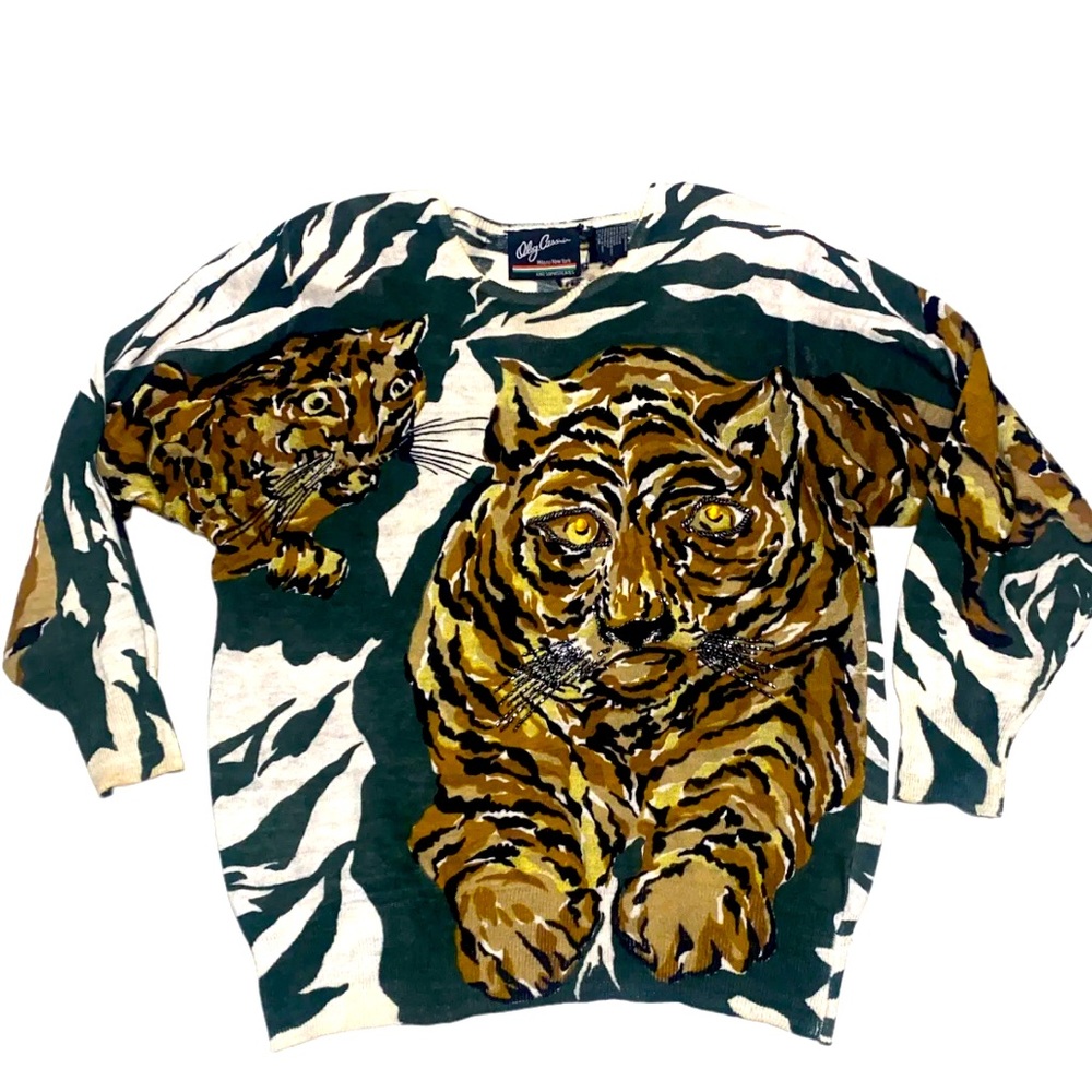 Oleg Cassini Green and Brown Tiger Sweater